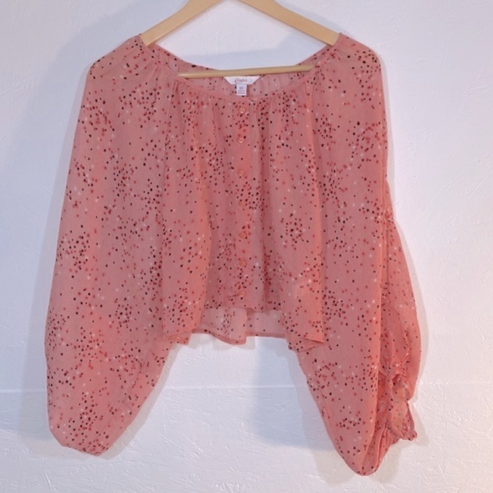 4 for $20 SALE! Candie’s Semi Sheer Balloon Sleeve Crop Top, Pink Star, Size XS